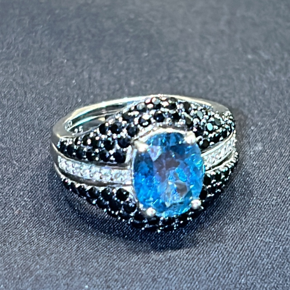 Blue Topaz Ring with Black Spinel Guard